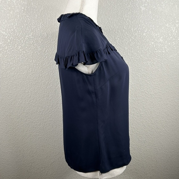 Brooks Brothers Navy Blue Viscose Button Down Ruffle Short Sleeve Top Size XS/0 - Picture 3 of 7